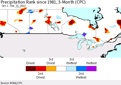 Canada Precipitation Rank since 1981, 3-Month (CPC) Thematic Map For 10/1/2022 - 12/31/2022