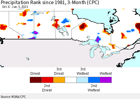 Canada Precipitation Rank since 1981, 3-Month (CPC) Thematic Map For 10/6/2022 - 1/5/2023