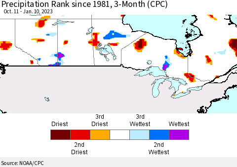 Canada Precipitation Rank since 1981, 3-Month (CPC) Thematic Map For 10/11/2022 - 1/10/2023