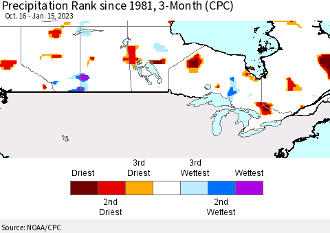 Canada Precipitation Rank since 1981, 3-Month (CPC) Thematic Map For 10/16/2022 - 1/15/2023