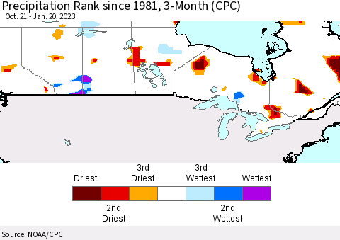 Canada Precipitation Rank since 1981, 3-Month (CPC) Thematic Map For 10/21/2022 - 1/20/2023