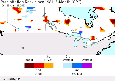 Canada Precipitation Rank since 1981, 3-Month (CPC) Thematic Map For 10/26/2022 - 1/25/2023