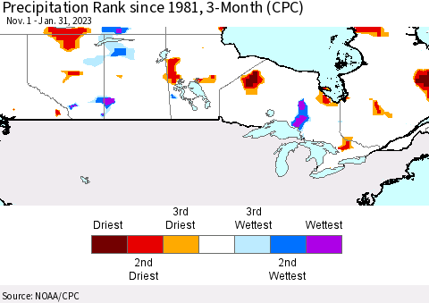 Canada Precipitation Rank since 1981, 3-Month (CPC) Thematic Map For 11/1/2022 - 1/31/2023