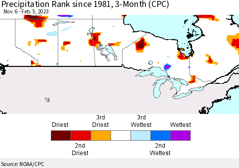Canada Precipitation Rank since 1981, 3-Month (CPC) Thematic Map For 11/6/2022 - 2/5/2023