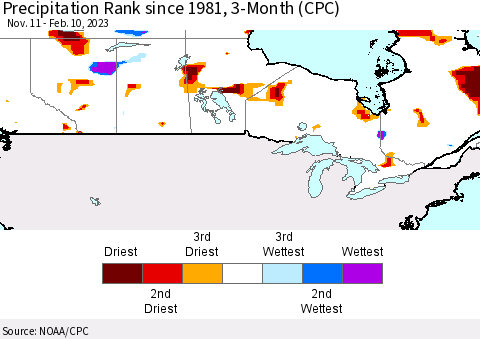 Canada Precipitation Rank since 1981, 3-Month (CPC) Thematic Map For 11/11/2022 - 2/10/2023