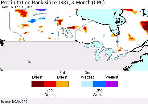 Canada Precipitation Rank since 1981, 3-Month (CPC) Thematic Map For 11/16/2022 - 2/15/2023