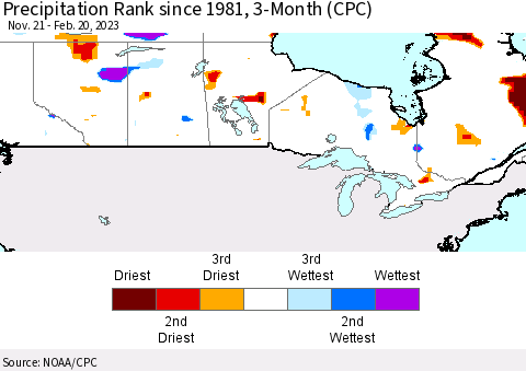 Canada Precipitation Rank since 1981, 3-Month (CPC) Thematic Map For 11/21/2022 - 2/20/2023
