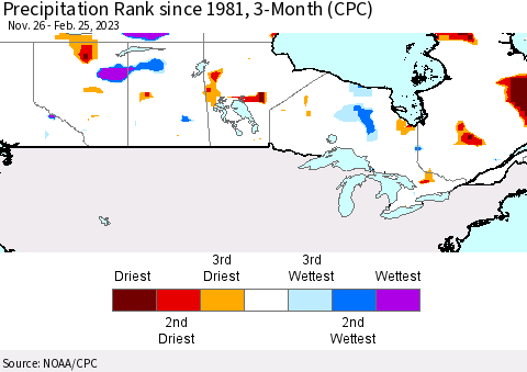 Canada Precipitation Rank since 1981, 3-Month (CPC) Thematic Map For 11/26/2022 - 2/25/2023