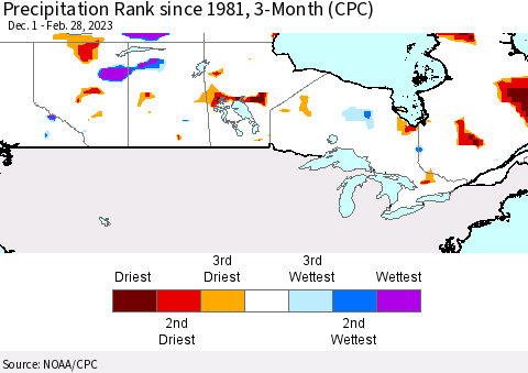Canada Precipitation Rank since 1981, 3-Month (CPC) Thematic Map For 12/1/2022 - 2/28/2023