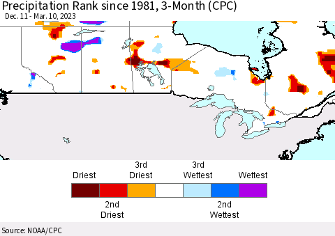 Canada Precipitation Rank since 1981, 3-Month (CPC) Thematic Map For 12/11/2022 - 3/10/2023