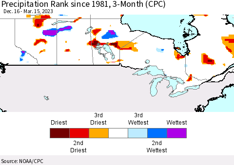 Canada Precipitation Rank since 1981, 3-Month (CPC) Thematic Map For 12/16/2022 - 3/15/2023