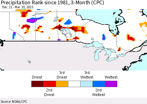 Canada Precipitation Rank since 1981, 3-Month (CPC) Thematic Map For 12/21/2022 - 3/20/2023