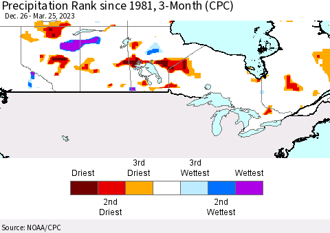 Canada Precipitation Rank since 1981, 3-Month (CPC) Thematic Map For 12/26/2022 - 3/25/2023