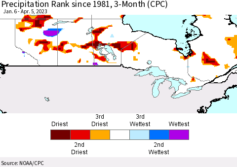 Canada Precipitation Rank since 1981, 3-Month (CPC) Thematic Map For 1/6/2023 - 4/5/2023