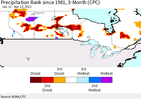 Canada Precipitation Rank since 1981, 3-Month (CPC) Thematic Map For 1/11/2023 - 4/10/2023