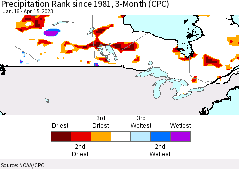 Canada Precipitation Rank since 1981, 3-Month (CPC) Thematic Map For 1/16/2023 - 4/15/2023