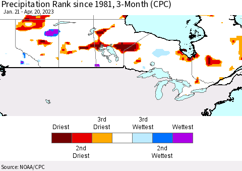 Canada Precipitation Rank since 1981, 3-Month (CPC) Thematic Map For 1/21/2023 - 4/20/2023