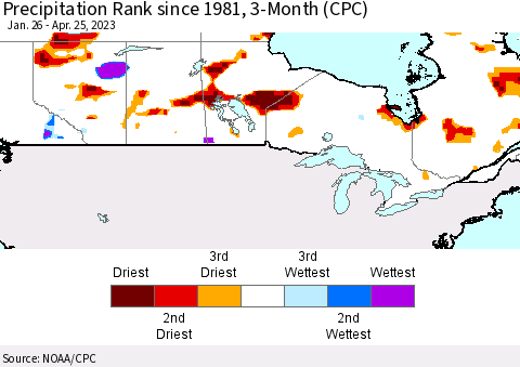 Canada Precipitation Rank since 1981, 3-Month (CPC) Thematic Map For 1/26/2023 - 4/25/2023
