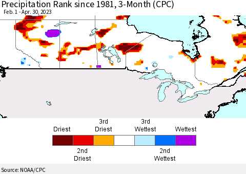Canada Precipitation Rank since 1981, 3-Month (CPC) Thematic Map For 2/1/2023 - 4/30/2023