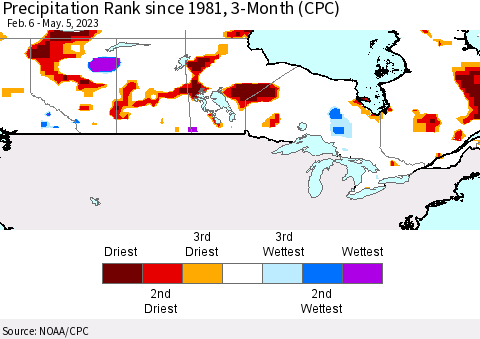 Canada Precipitation Rank since 1981, 3-Month (CPC) Thematic Map For 2/6/2023 - 5/5/2023