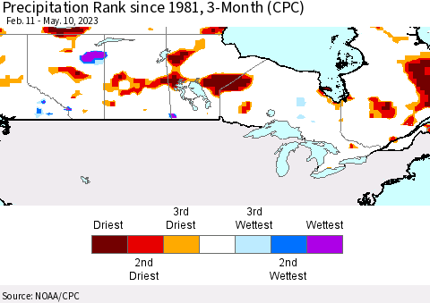 Canada Precipitation Rank since 1981, 3-Month (CPC) Thematic Map For 2/11/2023 - 5/10/2023