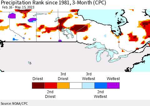 Canada Precipitation Rank since 1981, 3-Month (CPC) Thematic Map For 2/16/2023 - 5/15/2023