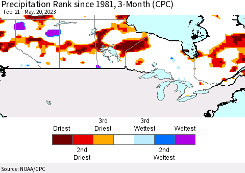 Canada Precipitation Rank since 1981, 3-Month (CPC) Thematic Map For 2/21/2023 - 5/20/2023