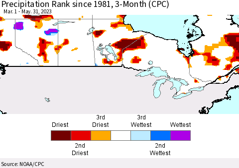 Canada Precipitation Rank since 1981, 3-Month (CPC) Thematic Map For 3/1/2023 - 5/31/2023