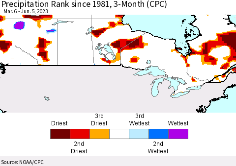 Canada Precipitation Rank since 1981, 3-Month (CPC) Thematic Map For 3/6/2023 - 6/5/2023