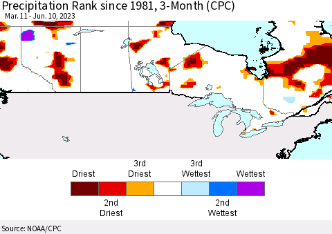 Canada Precipitation Rank since 1981, 3-Month (CPC) Thematic Map For 3/11/2023 - 6/10/2023