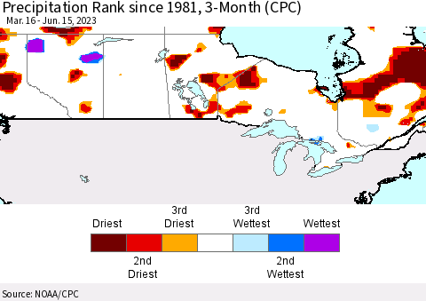 Canada Precipitation Rank since 1981, 3-Month (CPC) Thematic Map For 3/16/2023 - 6/15/2023