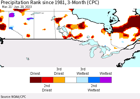 Canada Precipitation Rank since 1981, 3-Month (CPC) Thematic Map For 3/21/2023 - 6/20/2023
