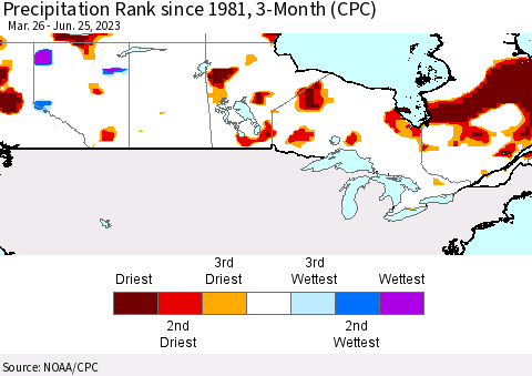 Canada Precipitation Rank since 1981, 3-Month (CPC) Thematic Map For 3/26/2023 - 6/25/2023