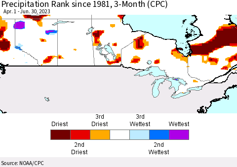 Canada Precipitation Rank since 1981, 3-Month (CPC) Thematic Map For 4/1/2023 - 6/30/2023