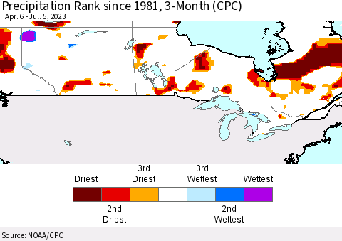 Canada Precipitation Rank since 1981, 3-Month (CPC) Thematic Map For 4/6/2023 - 7/5/2023