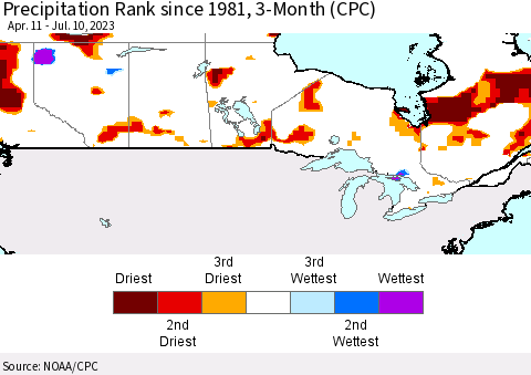 Canada Precipitation Rank since 1981, 3-Month (CPC) Thematic Map For 4/11/2023 - 7/10/2023