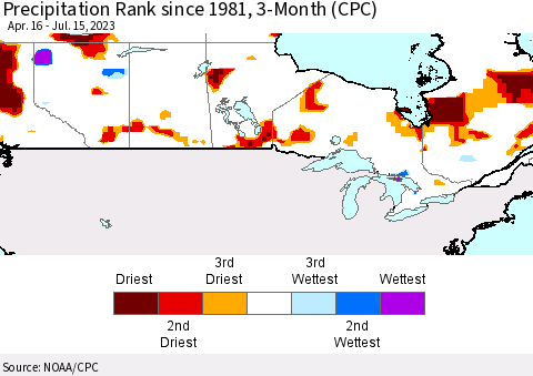 Canada Precipitation Rank since 1981, 3-Month (CPC) Thematic Map For 4/16/2023 - 7/15/2023