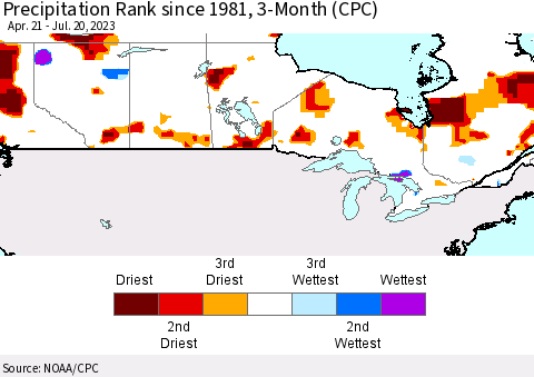 Canada Precipitation Rank since 1981, 3-Month (CPC) Thematic Map For 4/21/2023 - 7/20/2023