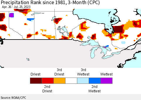 Canada Precipitation Rank since 1981, 3-Month (CPC) Thematic Map For 4/26/2023 - 7/25/2023