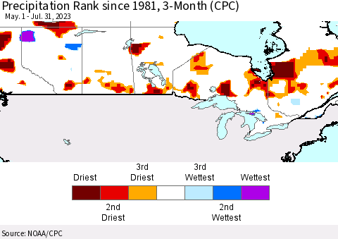 Canada Precipitation Rank since 1981, 3-Month (CPC) Thematic Map For 5/1/2023 - 7/31/2023
