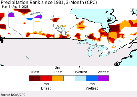 Canada Precipitation Rank since 1981, 3-Month (CPC) Thematic Map For 5/6/2023 - 8/5/2023