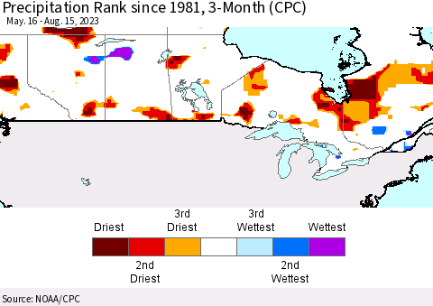 Canada Precipitation Rank since 1981, 3-Month (CPC) Thematic Map For 5/16/2023 - 8/15/2023
