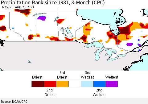 Canada Precipitation Rank since 1981, 3-Month (CPC) Thematic Map For 5/21/2023 - 8/20/2023