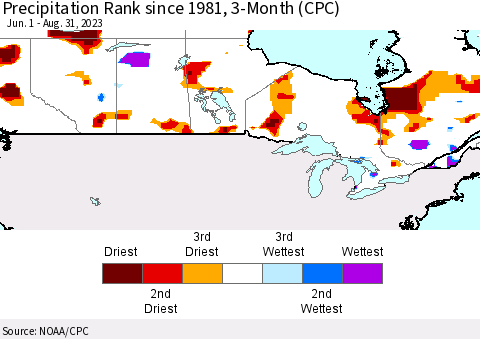 Canada Precipitation Rank since 1981, 3-Month (CPC) Thematic Map For 6/1/2023 - 8/31/2023