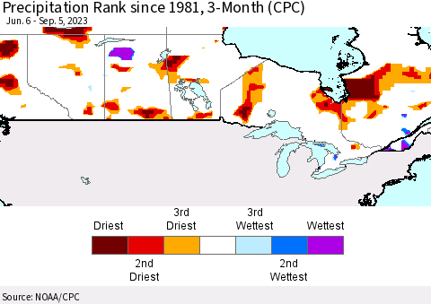 Canada Precipitation Rank since 1981, 3-Month (CPC) Thematic Map For 6/6/2023 - 9/5/2023