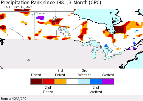Canada Precipitation Rank since 1981, 3-Month (CPC) Thematic Map For 6/11/2023 - 9/10/2023