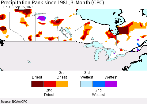Canada Precipitation Rank since 1981, 3-Month (CPC) Thematic Map For 6/16/2023 - 9/15/2023