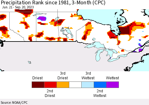 Canada Precipitation Rank since 1981, 3-Month (CPC) Thematic Map For 6/21/2023 - 9/20/2023