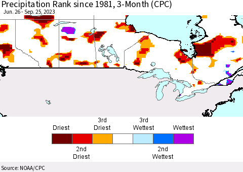 Canada Precipitation Rank since 1981, 3-Month (CPC) Thematic Map For 6/26/2023 - 9/25/2023