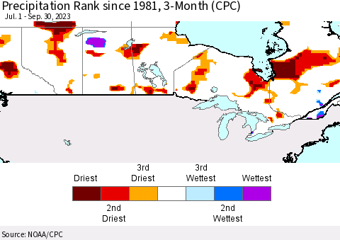Canada Precipitation Rank since 1981, 3-Month (CPC) Thematic Map For 7/1/2023 - 9/30/2023